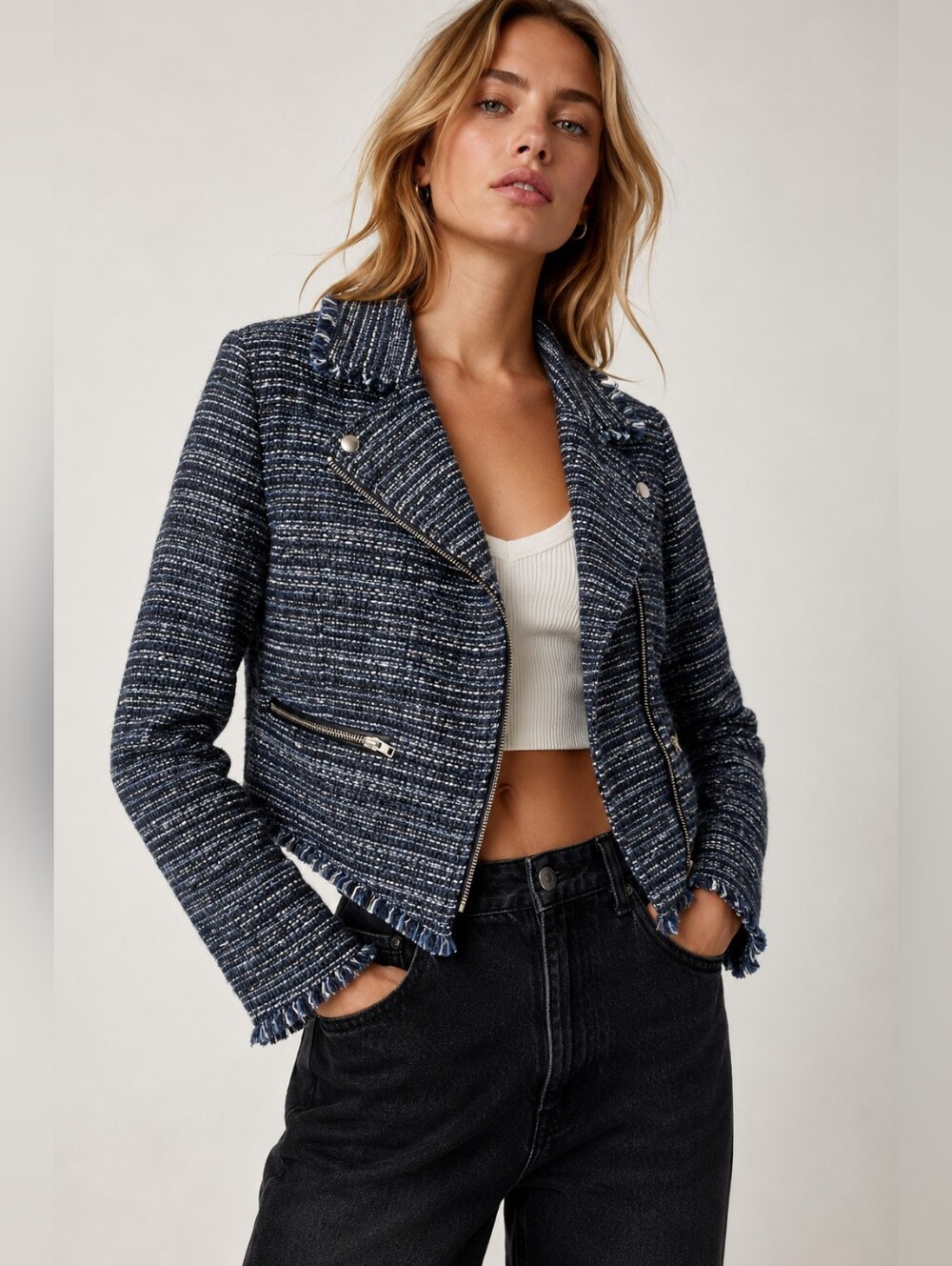 Free People Tweed Moto Jacket Blue Black Fringe Zip Cropped Jacket Small
